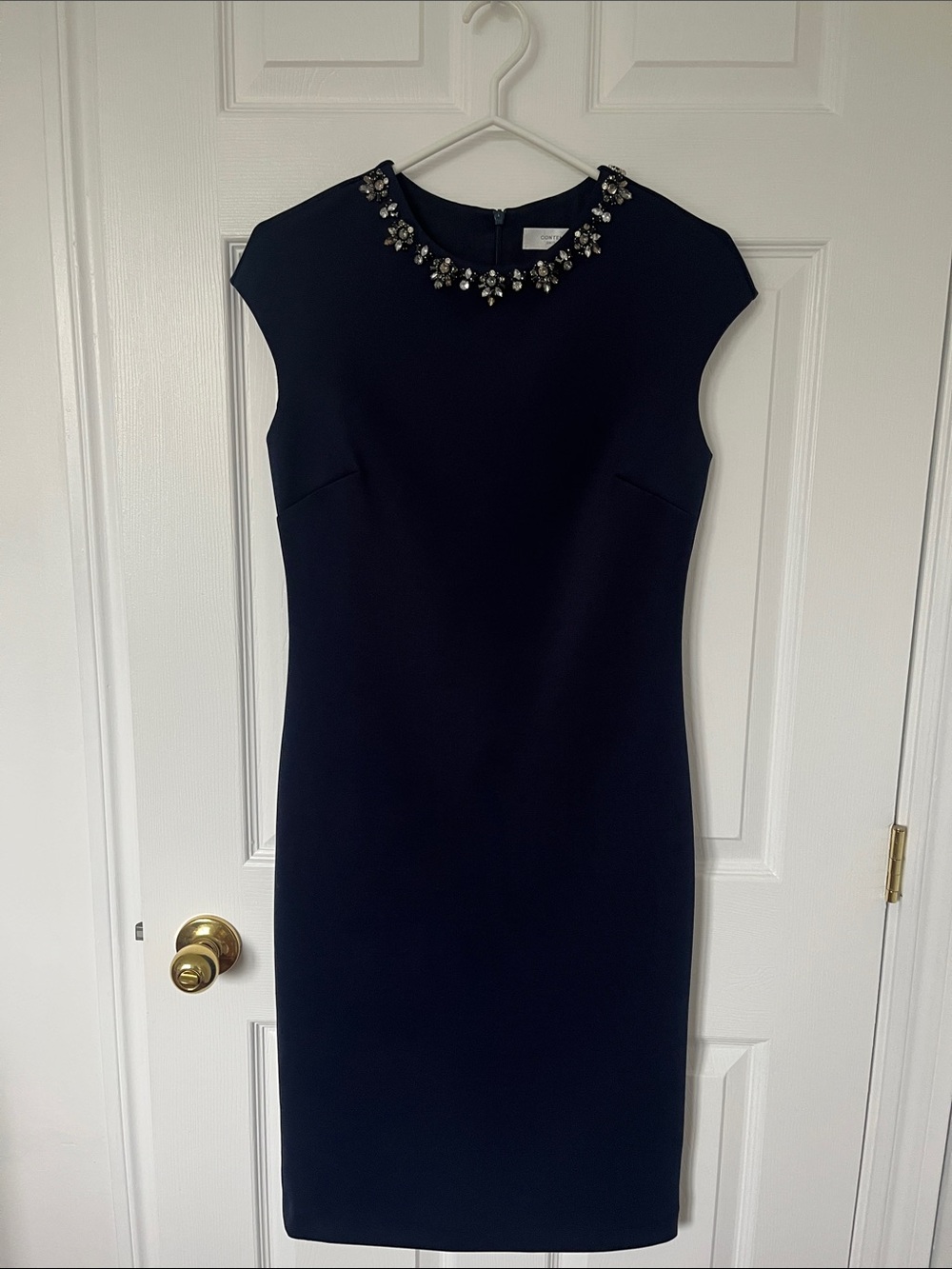 Contemporaine Embellished Neck Navy Sheath Dress